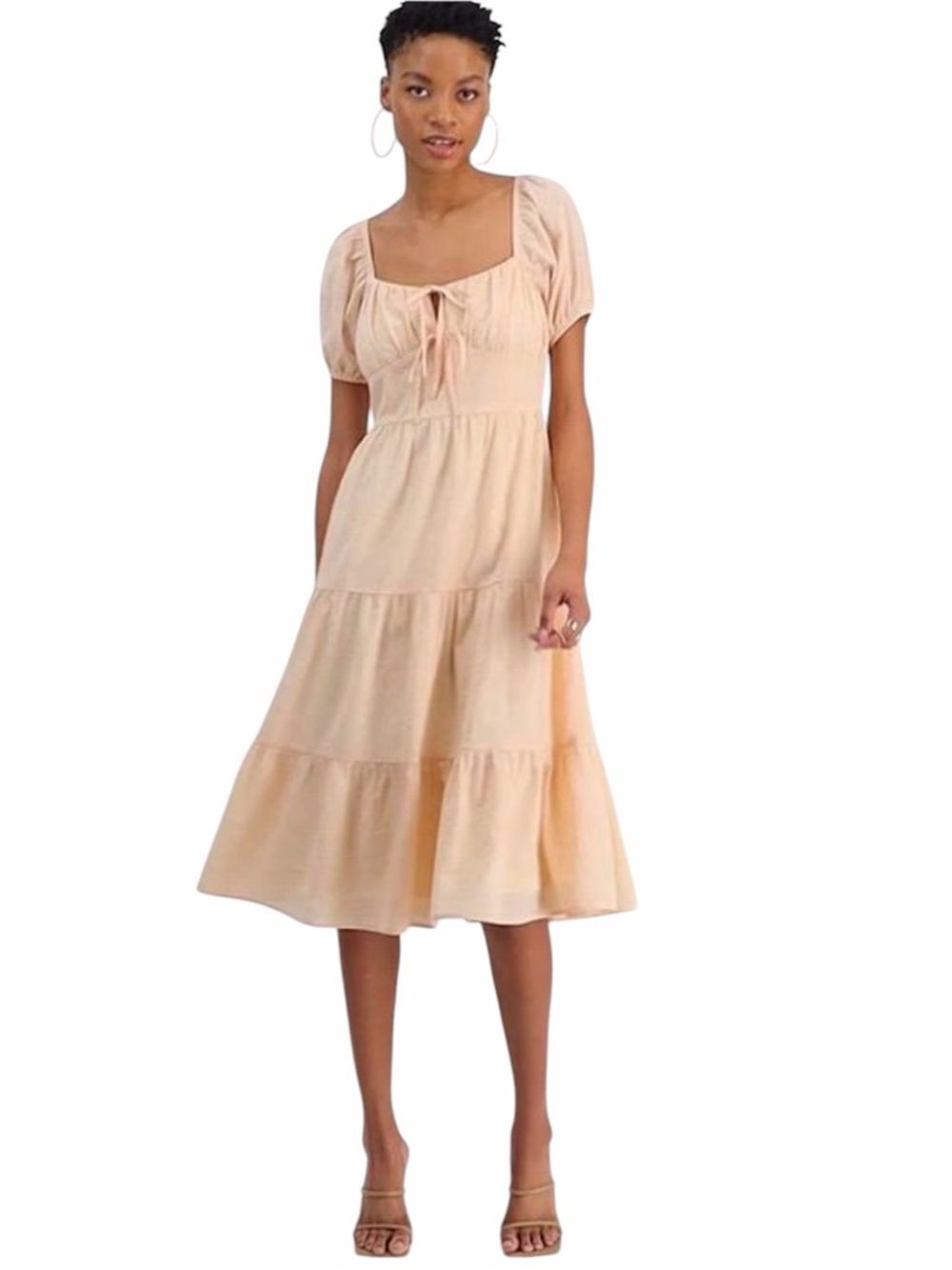 NWT And Now This Milkmaid Tiered Midi Dress size Large Tan Check Square Neck